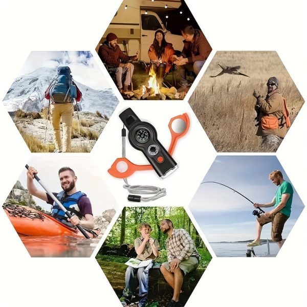 7-in-1 Emergency Survival Function Whistle, Multi-Function Whistle Compass, Outdoor Multifunctional Tool Safety Whistle With Lanyard, Ideal For Kayaking, Boating, Hiking, Camping, Climbing, Fishing, Rescue