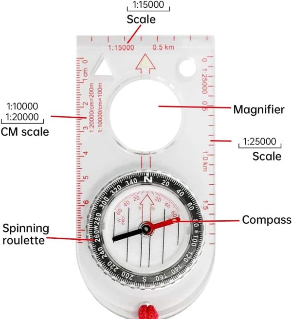 Multifunctional Waterproof Navigation Compass Map Ruler Magnifier for Explorer Hiking Map Reading and Navigation with Adjustable Lanyard