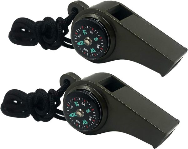2 Pack Emergency Survival Whistle, 3-in-1 Emergency Whistles with Compass and Thermometer, Loud Safety Whistle with Lanyard for Outdoor Hiking