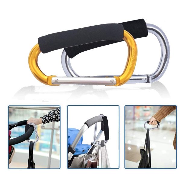 Large Stroller Hooks for Mommy, 2 pcs Carabiner Stroller Hook Organizer for Hanging Purses, Diaper Bag, Shopping Bags. Clip Fits Single/Twin Travel Systems, Car Seats and Joggers (Black+Rose)