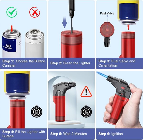 Torch Lighter, Butane Lighter, Windproof Butane Refillable Torch Flame Lighter, Multi Utility Lighter for Candles Fireplaces Campfires BBQ Grill Pilot Lights, 4 Pack (Butane Not Included)