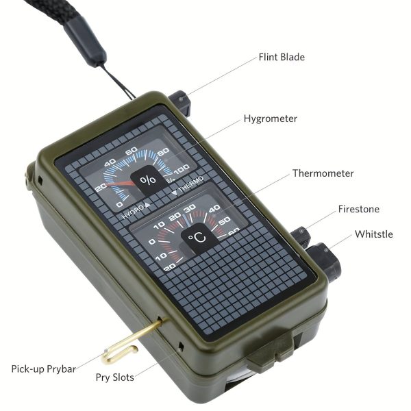Ultimate Survival Compass with 10 Functions - Humidity Meter, Thermometer, Whistle, LED Flashlight, Igniter, Level Gauge - Perfect for Hiking, Camping, and Outdoor Adventures