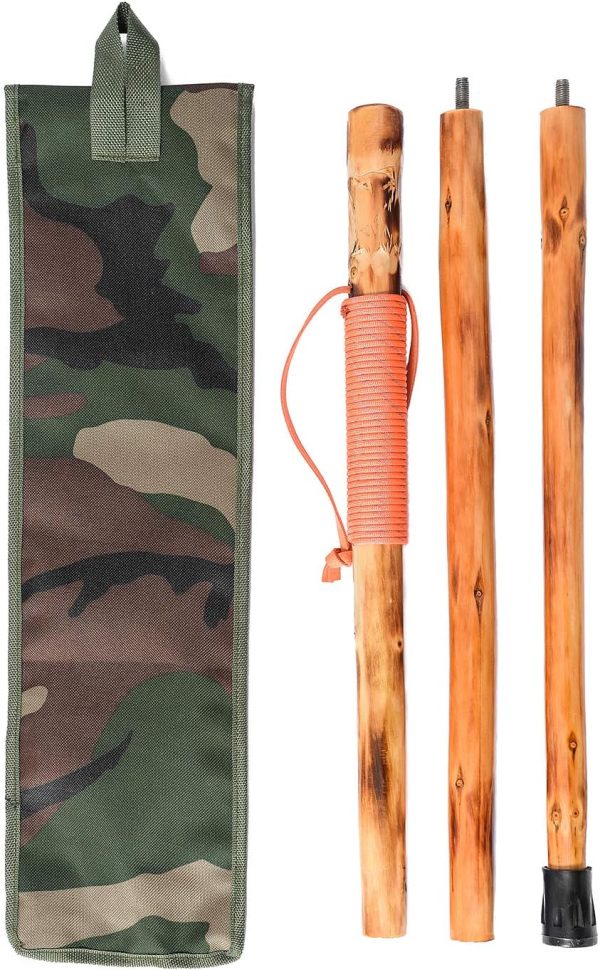 3pc Detachable Fir Wood Walking Stick for Hiking with Compass 55 Inches - with Animal Carving - Soft Hand Strap - Rubber Tip Cover