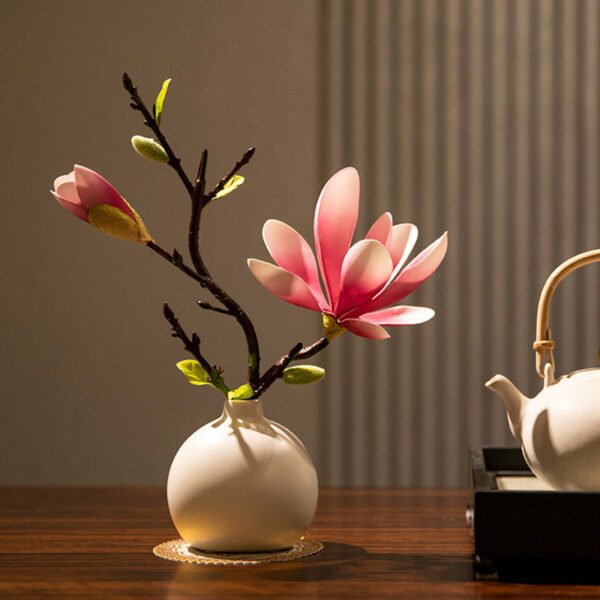 1pc, Artificial Chinese Water Lily & Magnolia Flowers With Ceramic Vase Set, Tabletop Decor, Living Room & Dining Table Decorative Bonsai Display Accessories