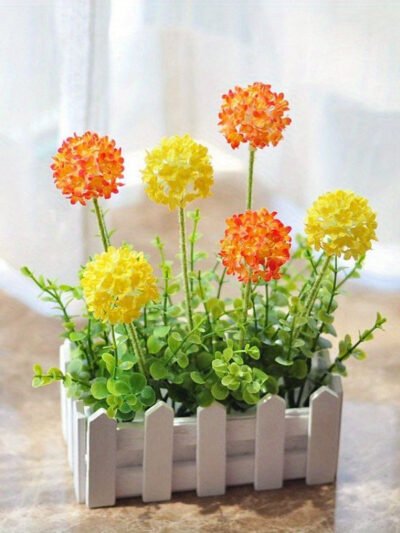 Glam Style Decorative Artificial Flower Swags with Realistic Faux Lavender and Hydrangea Set in Wooden Fence Pot for Balcony, Living Room Window Display