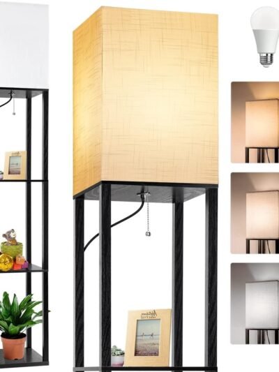 Floor Lamp with Shelves, Shelf Lamps with 3 Color Temperature LED Bulb,Storage Wood Texture Modern, Display Standing Lamp for Living Room,Office, Bedroom