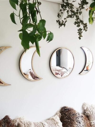5 Pieces Scandinavian Natural Decor Acrylic Wall Decorative Mirror Interior Design Wooden Moon Phase Mirror Bohemian Wall Decoration for Home Living Room Bedroom Decor - Acrylic,Not Real Mirror(Beige)