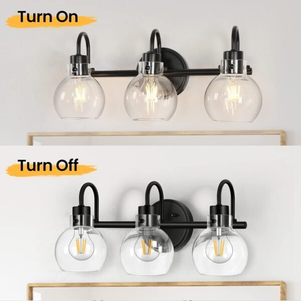 Bathroom Light Fixtures, Black 3 Lights Vanity Light, Farmhouse Wall Sconces with Globe Glass Shade, Porch Wall Mount Lamp for Mirror, Kitchen, Porch Living Room Workshop (E26 Base)