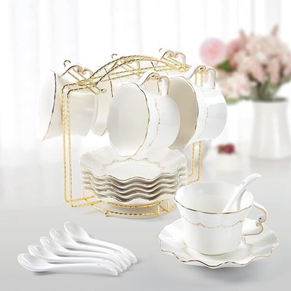 Tea Cups and Saucers Set of 4 (7.4oz), Luxury Tea Cup Set with Golden Trim, Black Coffee Cups with Metal Stand, British Porcelain Tea Party Set - Black