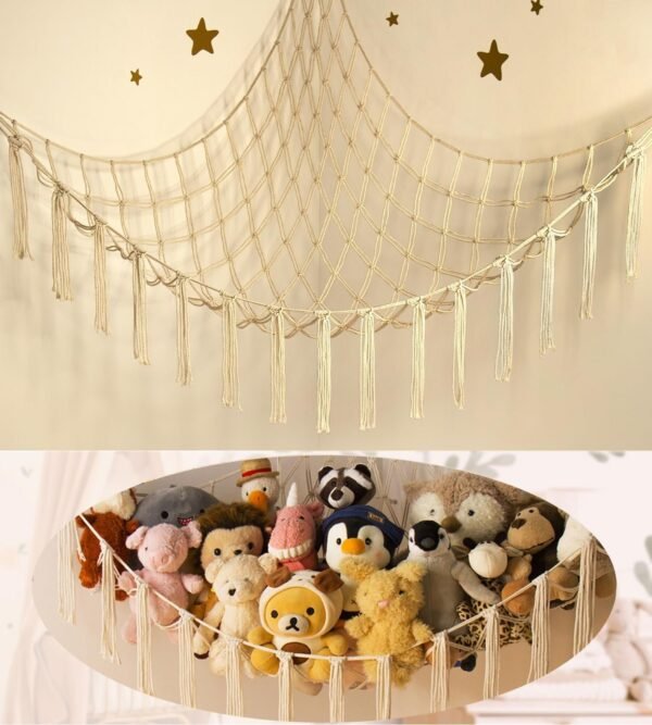 Large Stuffed Animal Hammock Corner Net for Toys Storage Hanging Stuff Animal Organizer Holder Pink Girls Living Room Bedroom Boho Nursery Dorm Decor