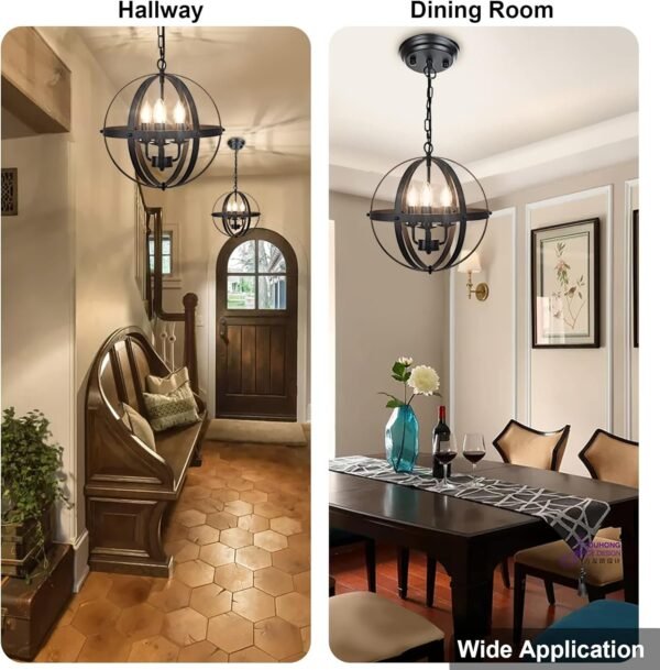 Vintage Pendant Hanging Light Fixtures, Flush Mount Ceiling Chandelier Lamp with Metal Spherical Shade for Kitchen, Dining Room, Living Room, Hallway, Entryway 3-Light, E12 Base-Matte Black