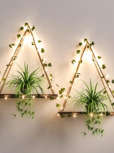 RICHER HOUSE Artificial Ivy LED-Strip Wall Hanging Shelves Set of 2, Macrame Shelf for Bedroom Bathroom Living Room Kitchen, Wood Hanging Plant Shelves for Wall Décor