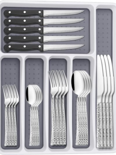 Silverware Set with Organizer, 49 Piece Stainless Steel Hammered Flatware Set for 8, Eating Utensil Sets with Steak knives, Cutlery Tableware Service Include Fork Knife Spoon Set, Mirror Polished