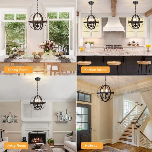 Vintage Pendant Hanging Light Fixtures, Flush Mount Ceiling Chandelier Lamp with Metal Spherical Shade for Kitchen, Dining Room, Living Room, Hallway, Entryway 3-Light, E12 Base-Matte Black